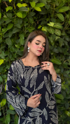 Elegant Deep Blue Printed Linen Dress